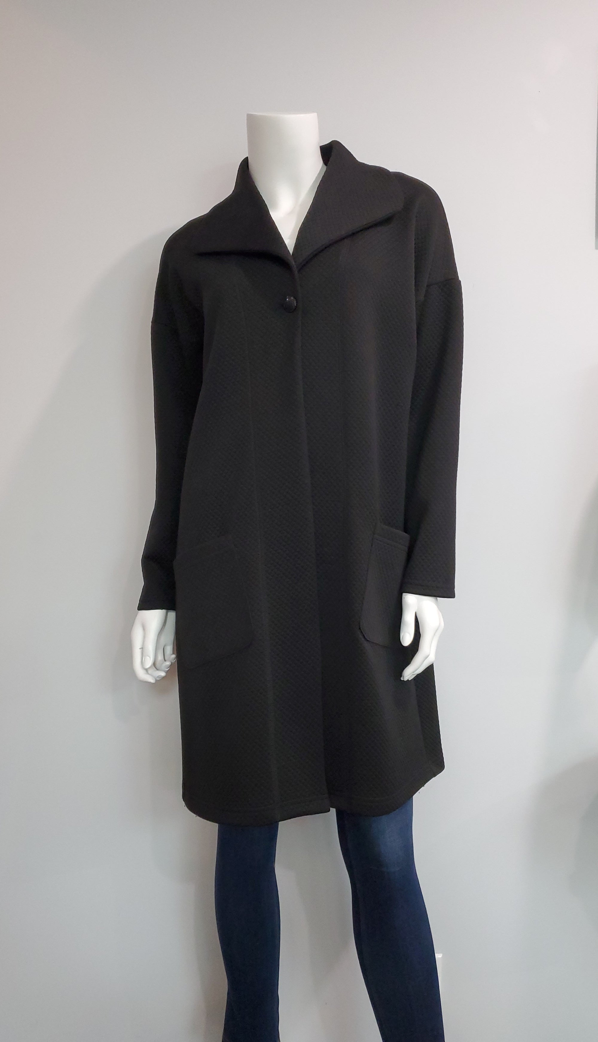 Black Jacquard Knit Shawl Collar Coat with Patch Pockets on the front and single button closure.