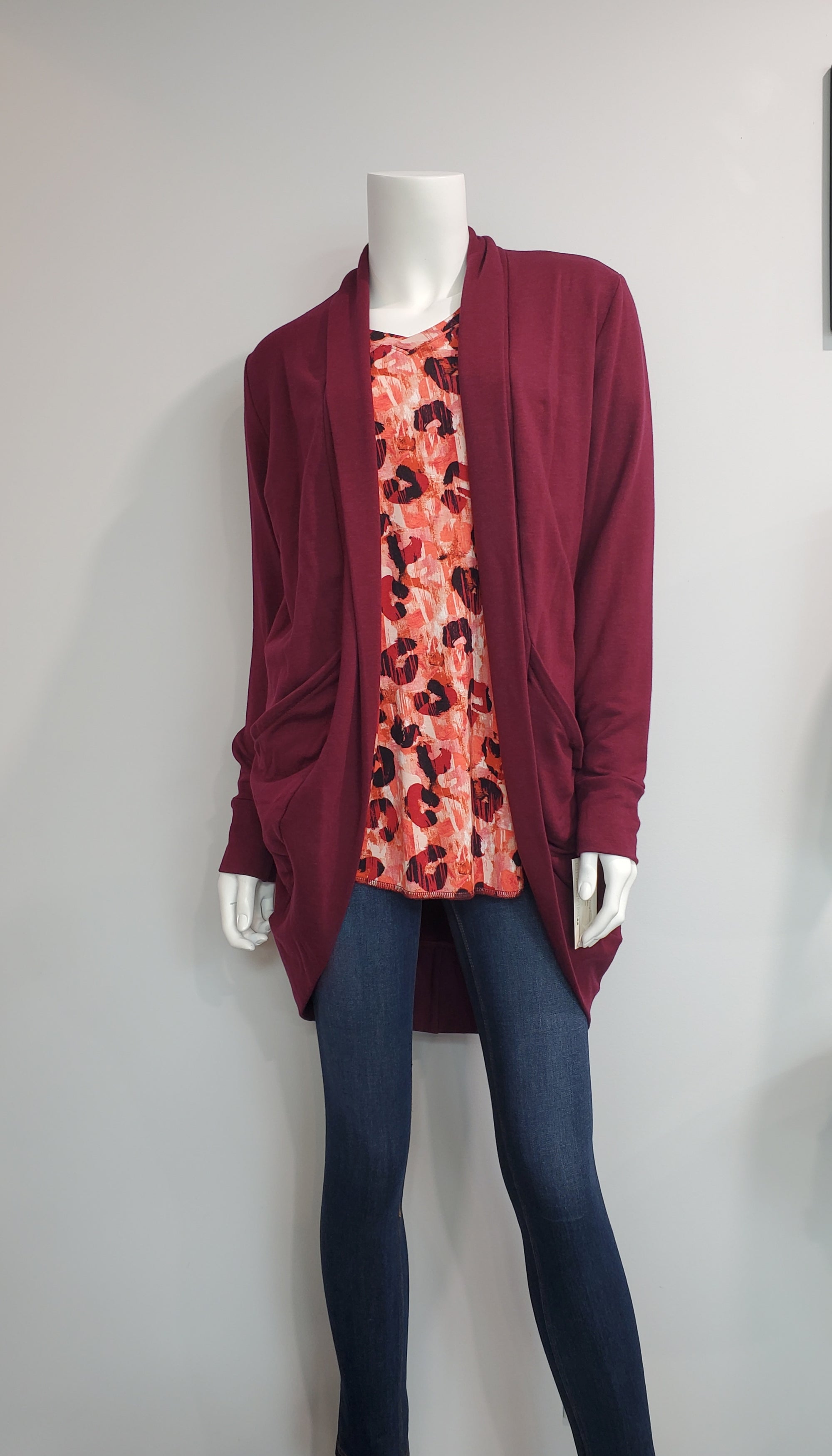 Burgundy and coral oversized leopard print V neck short sleeve top paired with the Merlot Cocoon Cardigan by Amaranth Designs