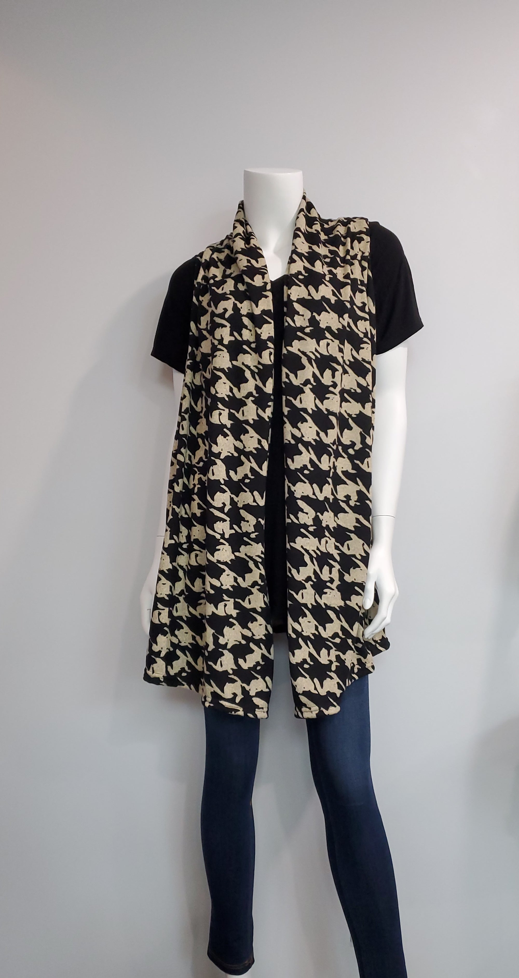 Black and Cream Oversized Houndstooth Vest with Pockets