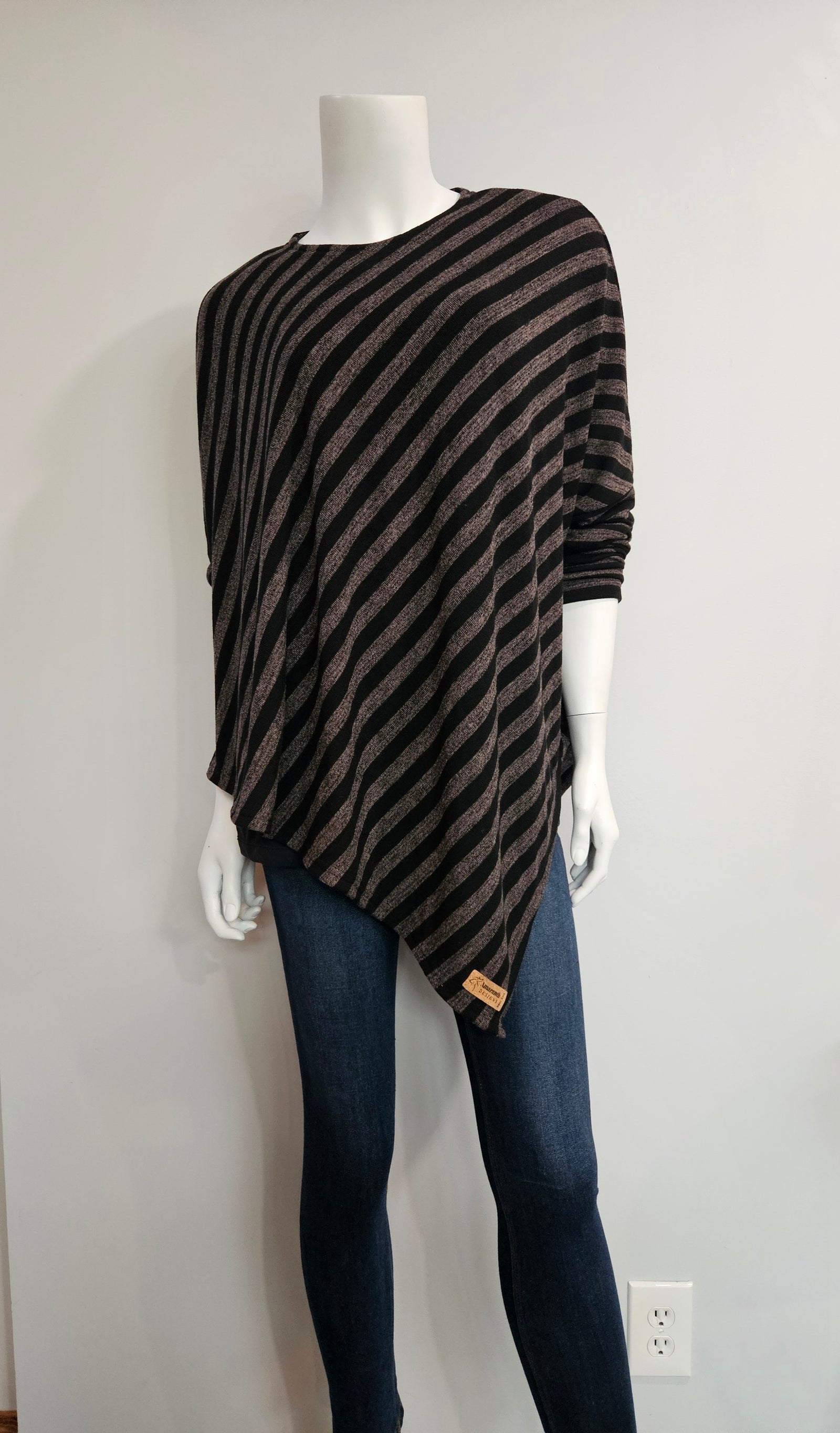 Black and Chocolate Striped Asymmetrical Long Sleeve Top