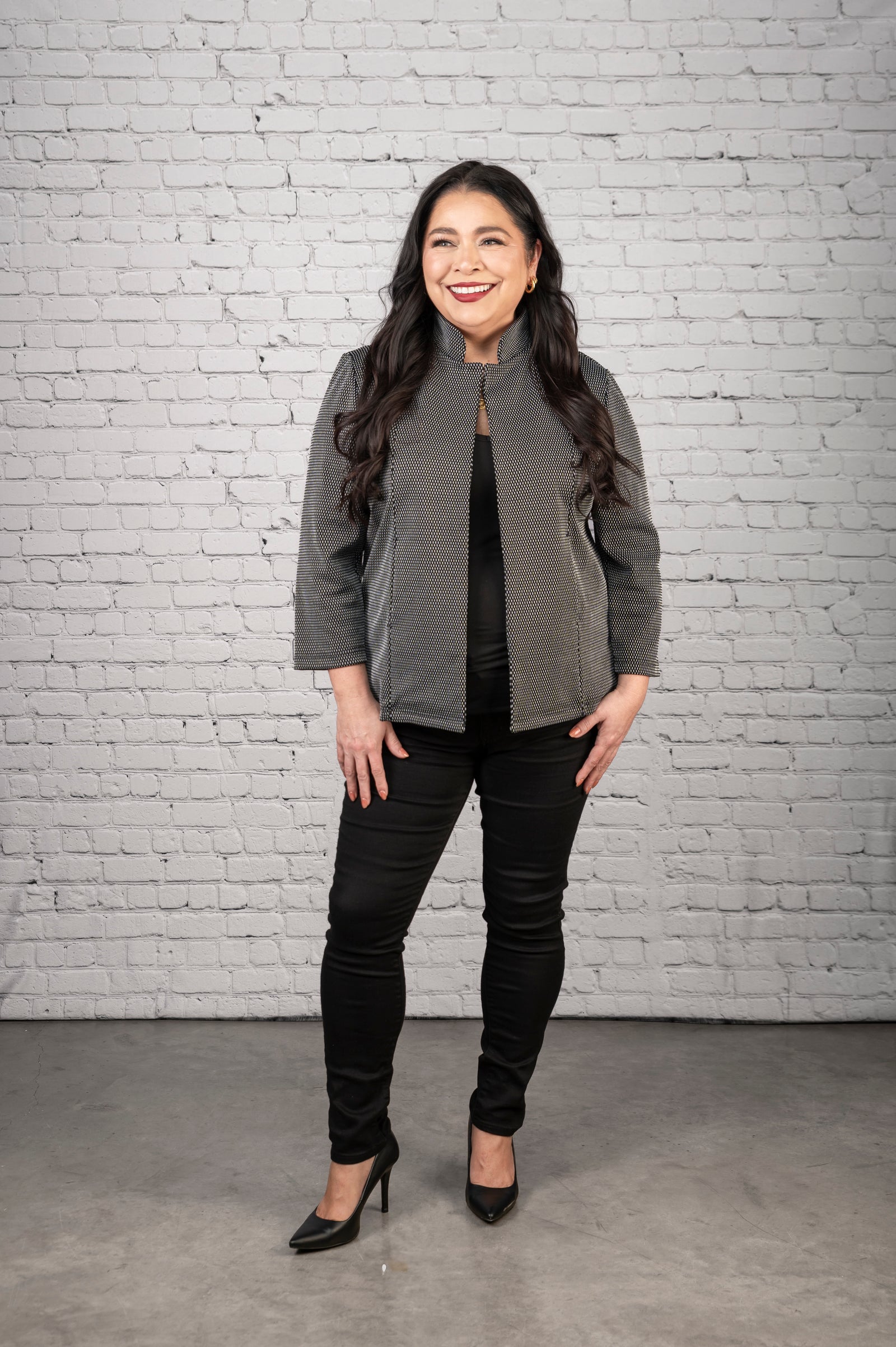 Black and White Crop Knit Blazer with Pockets