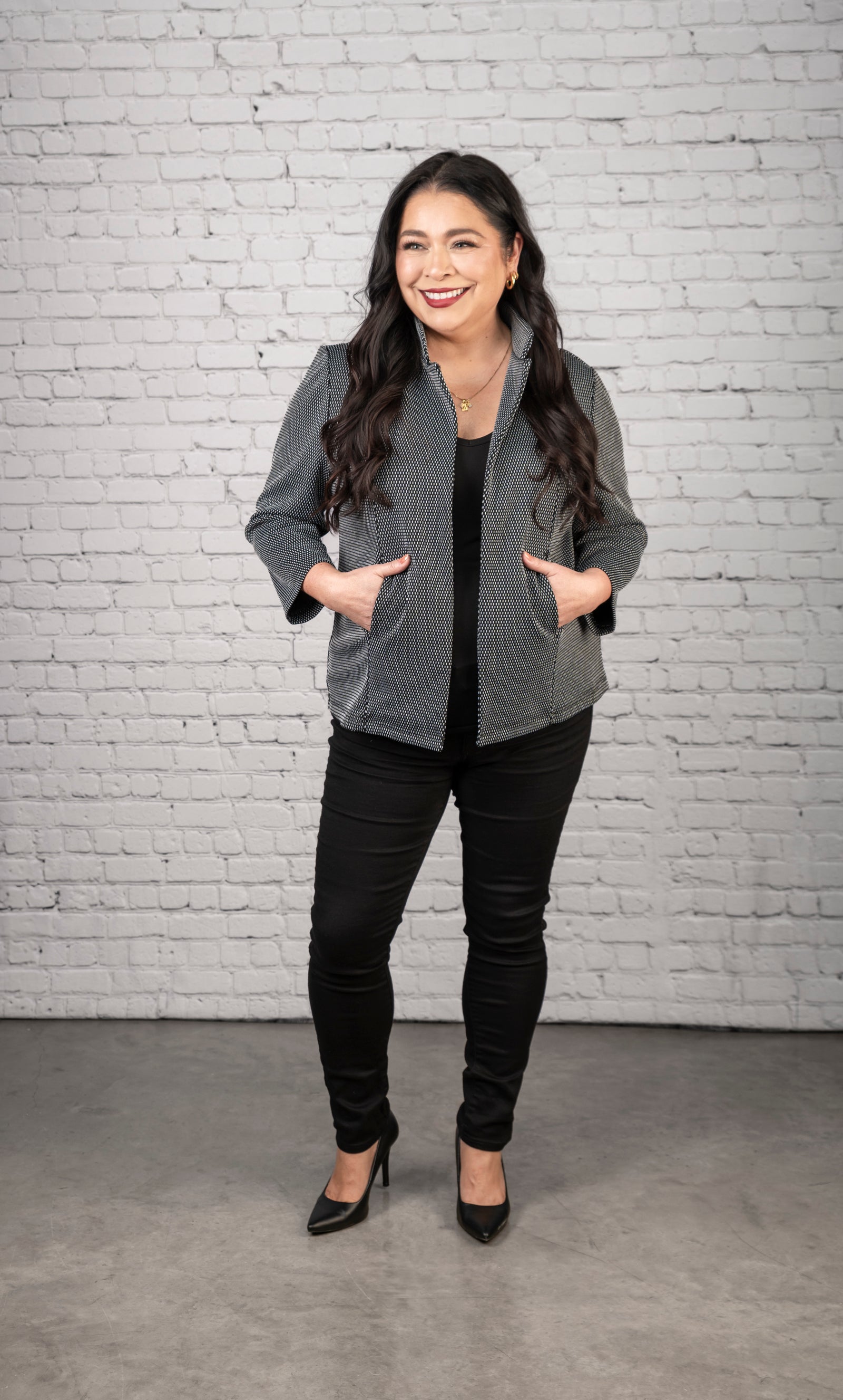 Black and White Crop Knit Blazer with Pockets