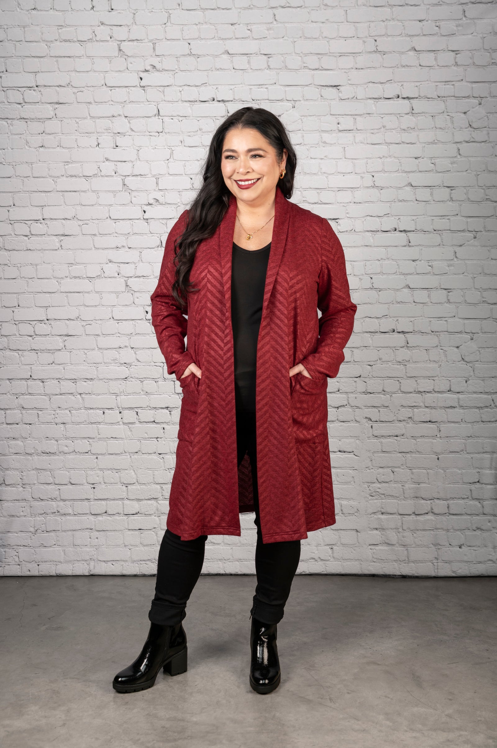 FW2608 - Chevron Long Open Cardigan with Oversized Pockets