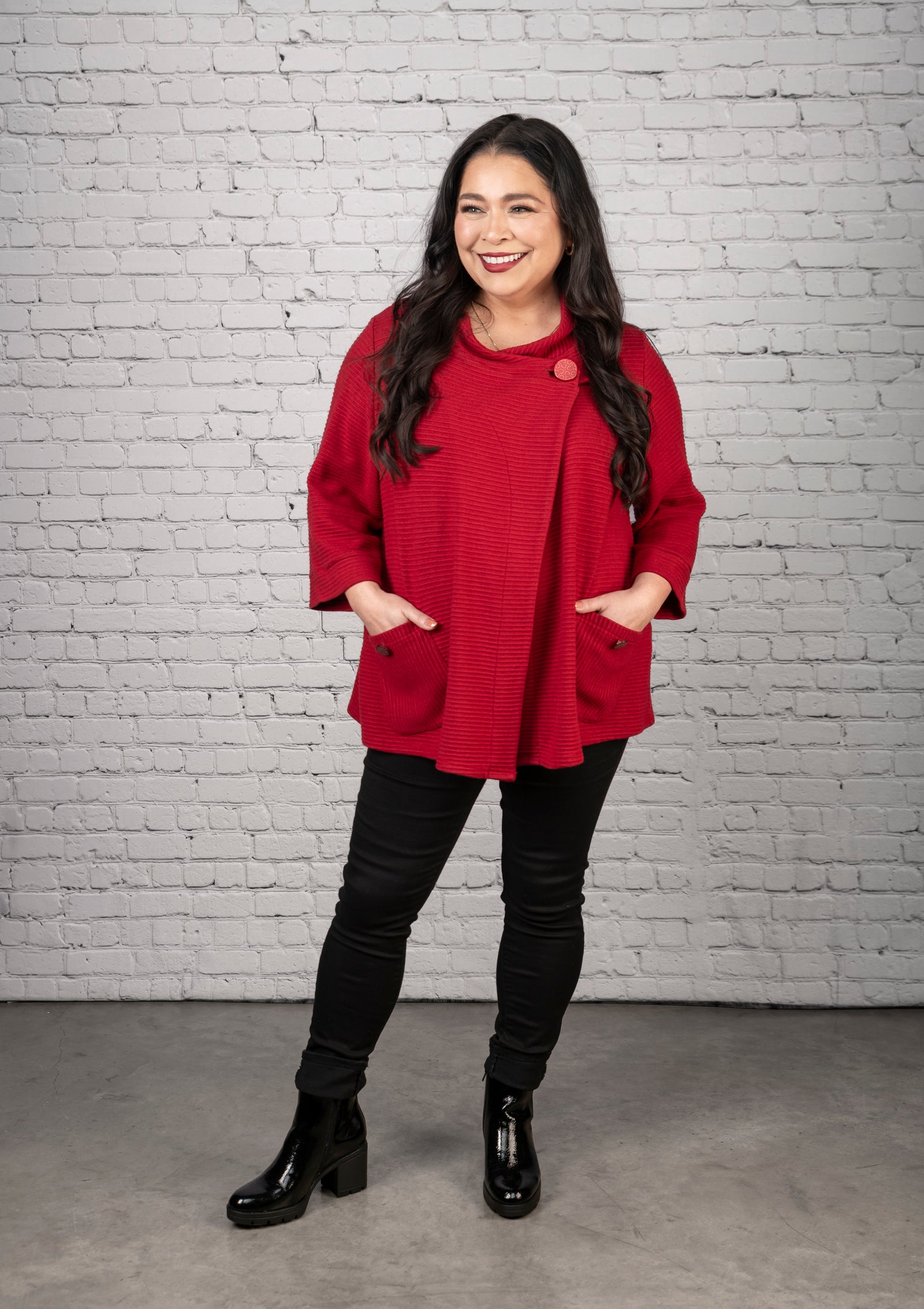 FW2604 -  Red Rib Crop Swing Cardigan with Pockets