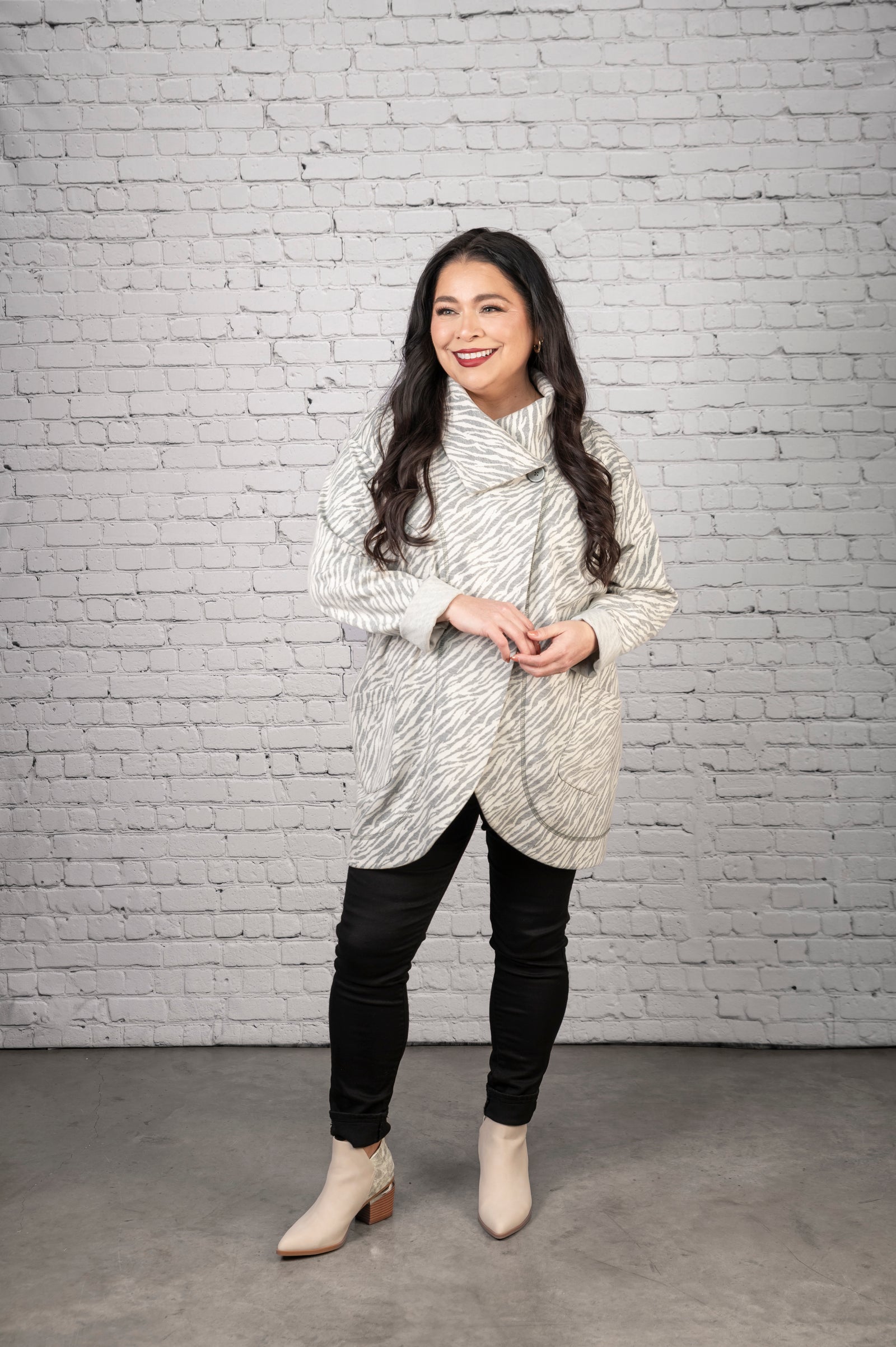 FW2606  - Grey and White Wrap Coat with Pockets