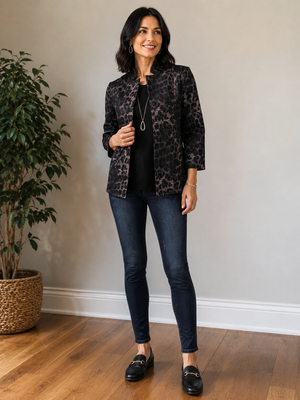 A woman stands in a room wearing a black leopard-print blazer over a black top, dark blue skinny jeans, and black loafers. A potted plant is on the left, and she is standing against a beige wall with a wood floor.