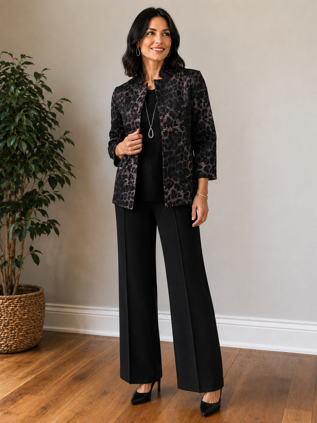 A woman stands in a room with wood floors and a beige wall, wearing a black and brown leopard-print blazer over a black top and black wide-leg pants.