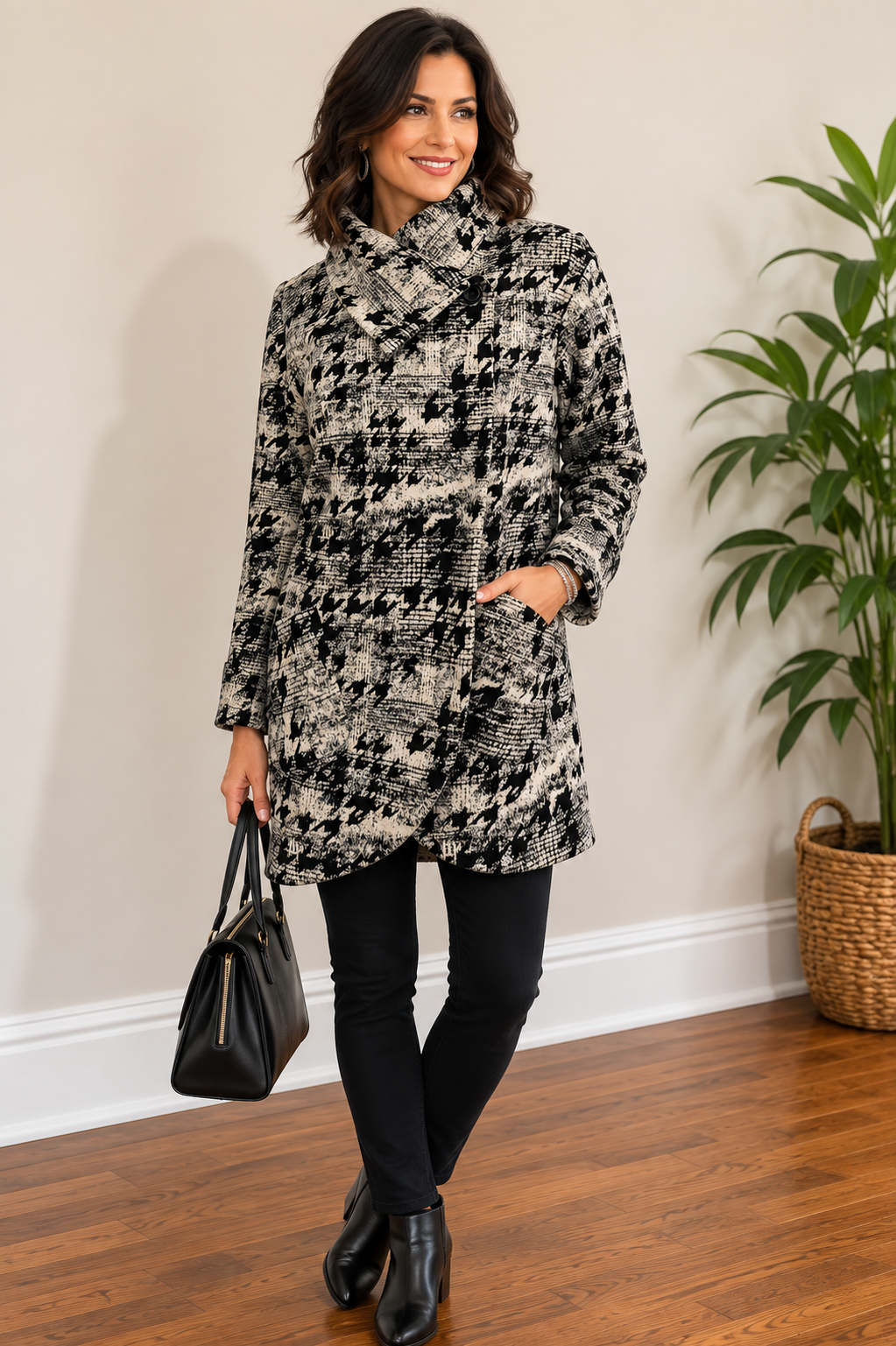 A woman modeling a black and beige houndstooth patterned coat with a high collar, paired with black pants and holding a black handbag in an indoor setting with a wooden floor and a potted plant.
