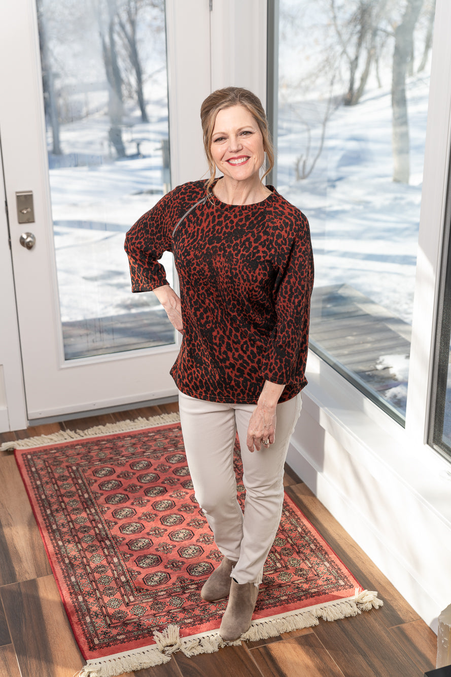 Rust Leopard Zip Neck Top