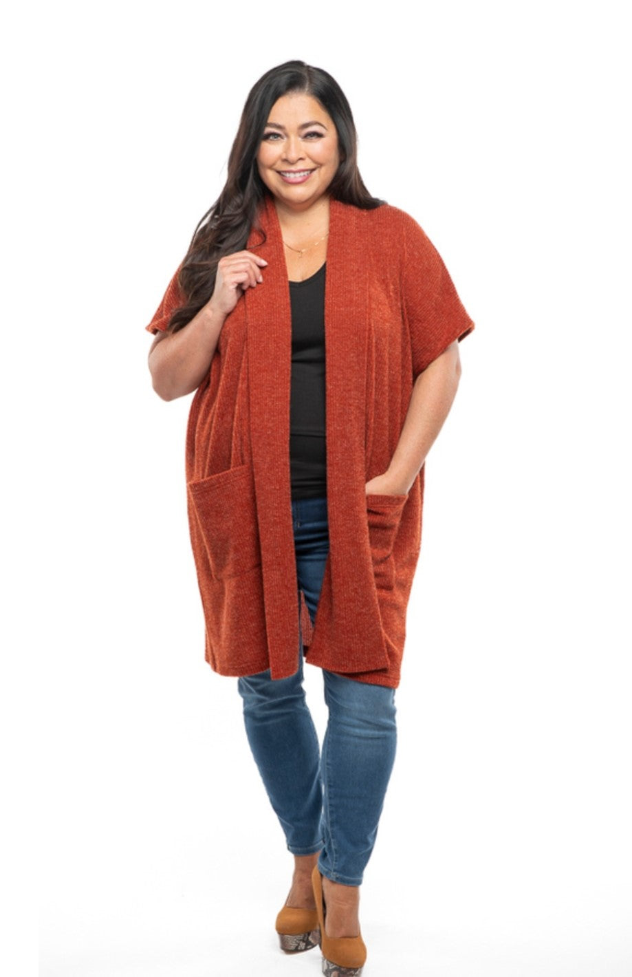 FW2507 - Burnt Orange Rib Knit Cardigan with Pockets