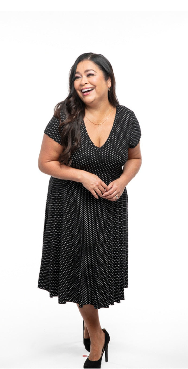 SS2402 -Black Bamboo Polka Dot Fit & Flare Dress with Pockets
