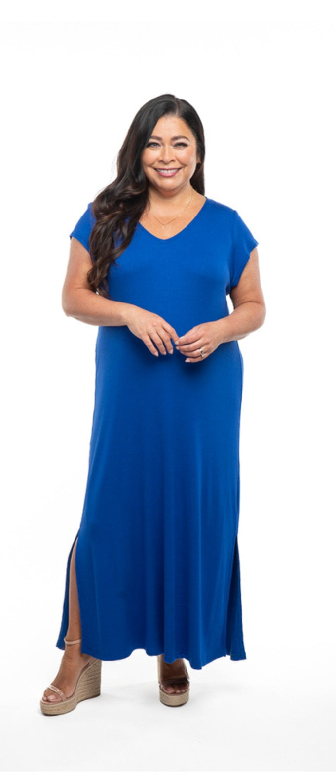 Rib Knit Maxi Dress with Short Sleeve and Side Slits