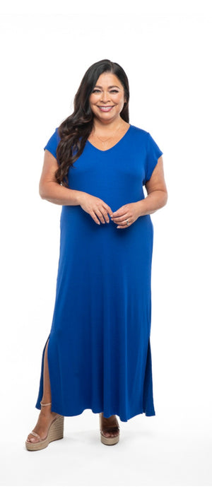 SS2405 -Rib Knit Maxi Dress with Short Sleeve and Side Slits