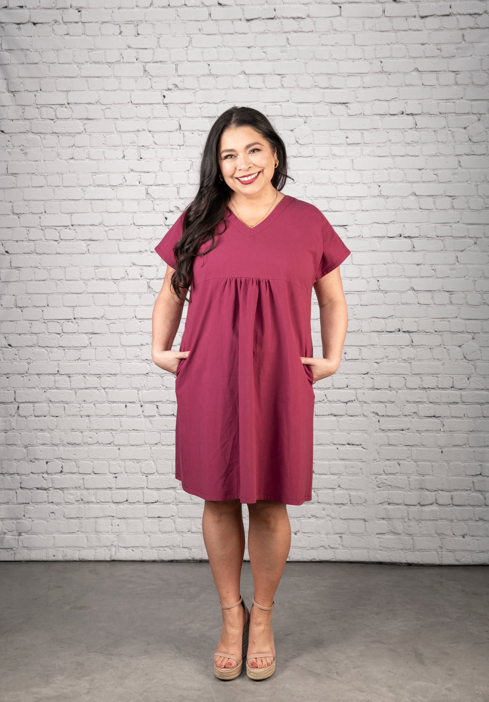 SS2504 - Raspberry Gathered Dress with Pockets