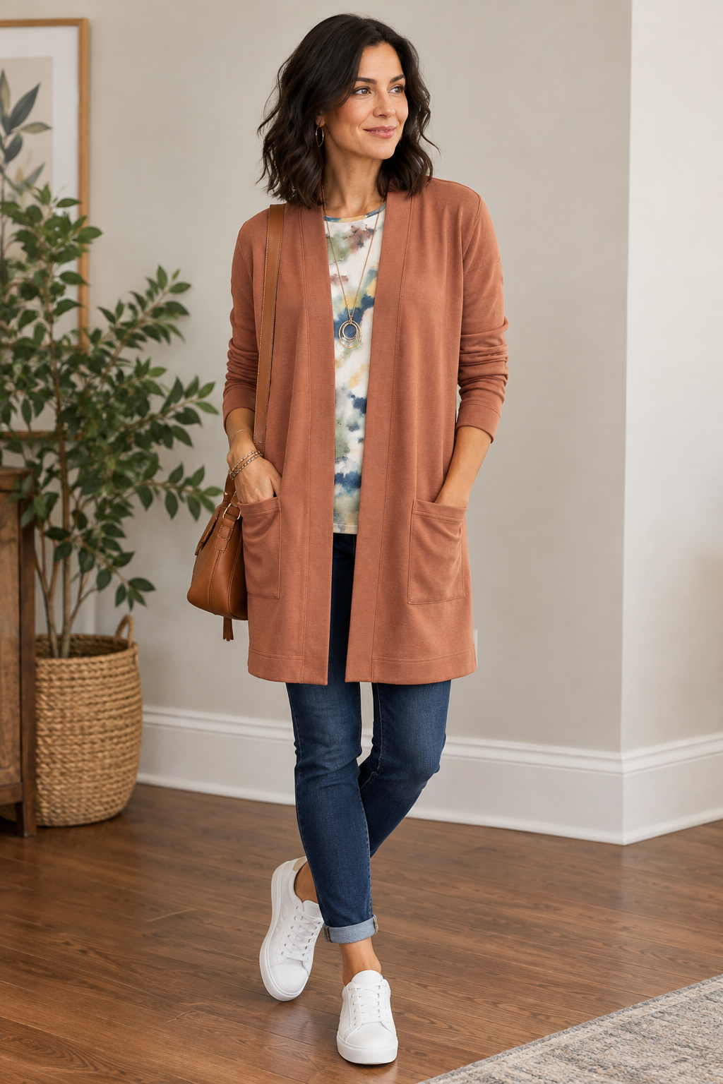 Scuba Knit Open Cardigan with Pockets