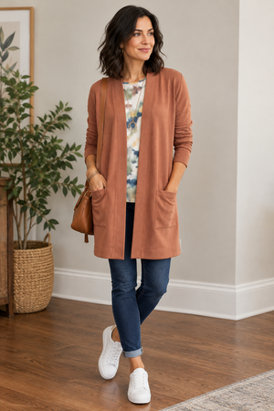 Scuba Knit Open Cardigan with Pockets