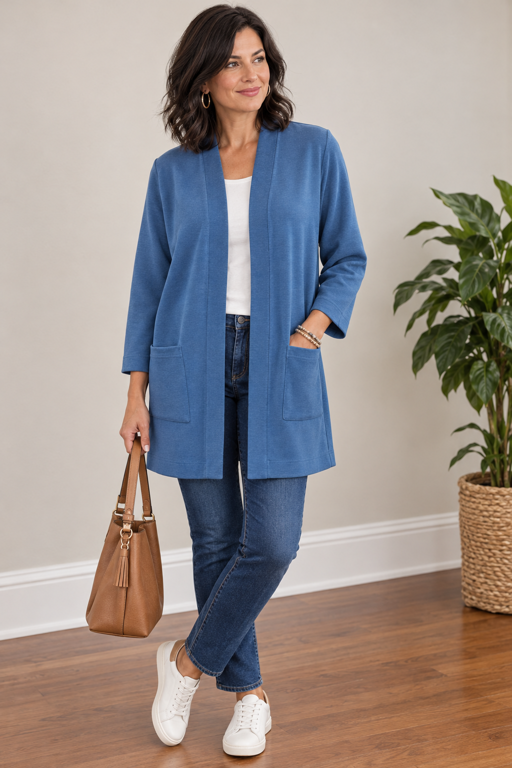 Scuba Knit Open Cardigan with Pockets