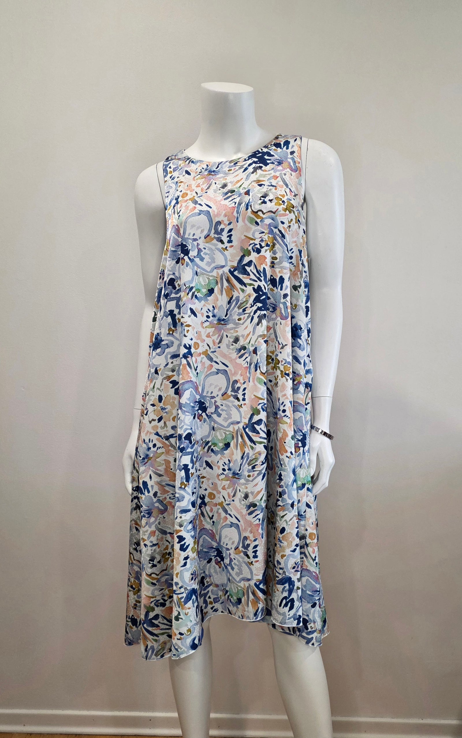 SS26-11-White Patterned and Solid Periwinkle Reversible Dress with Pockets