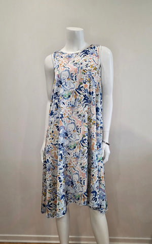 SS26-11-White Patterned and Solid Periwinkle Reversible Dress with Pockets