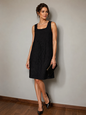 Bamboo Black and White Polka Dot Square neck dress with pockets