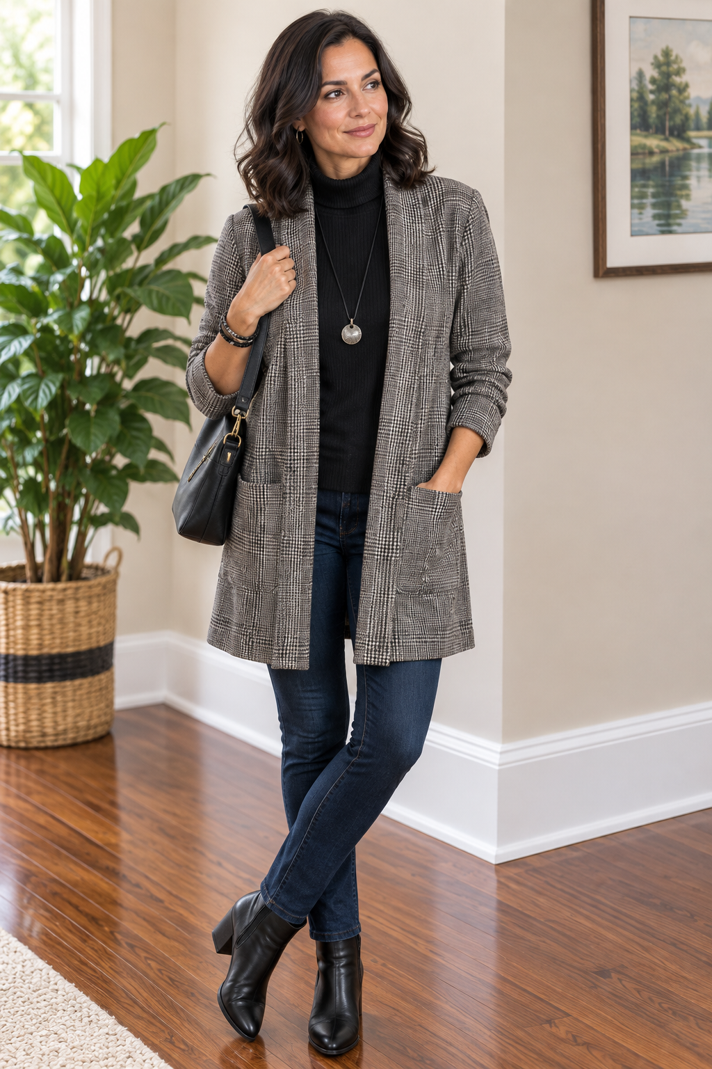 Open Plaid Cardigan with pockets