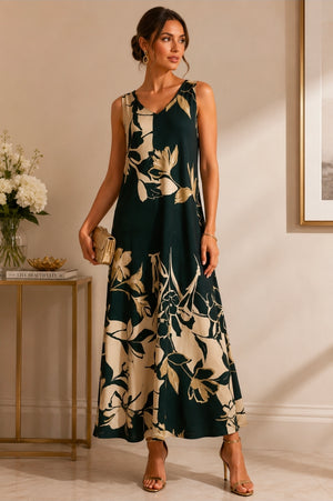 Sleeveless Printed Knit Maxi Dress with Right Side Slit