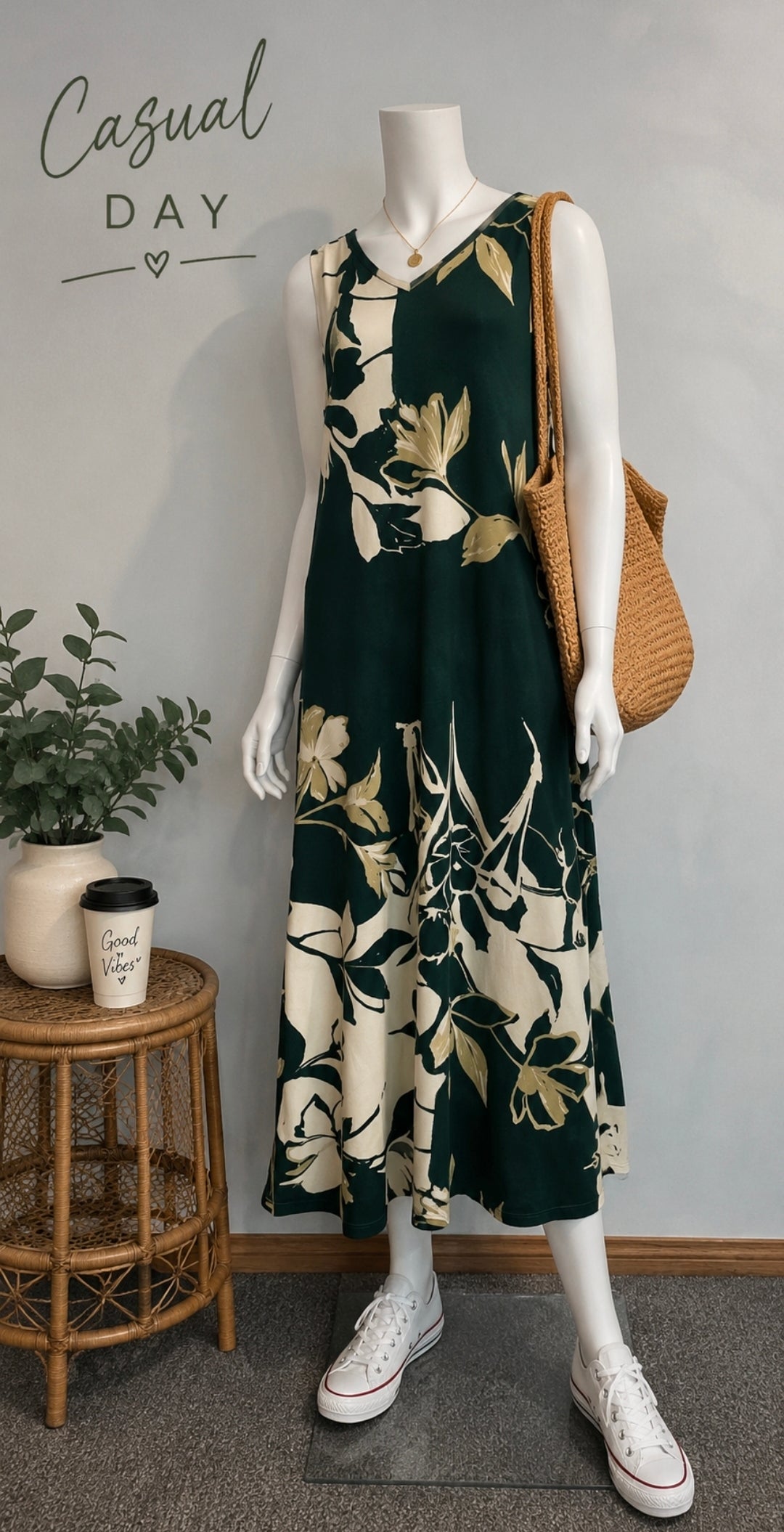 Sleeveless Printed Knit Maxi Dress with Right Side Slit