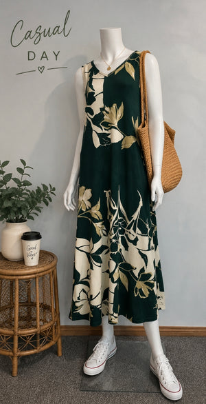 Sleeveless Printed Knit Maxi Dress with Right Side Slit