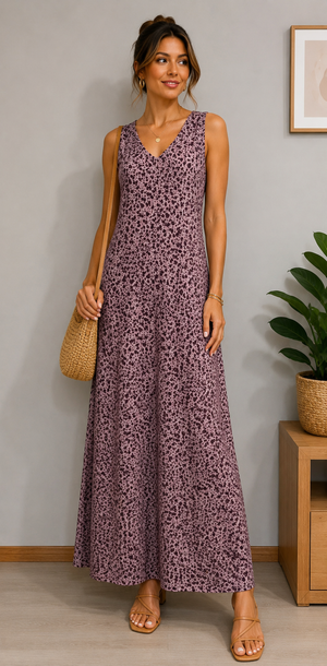Sleeveless Printed Knit Maxi Dress with Right Side Slit