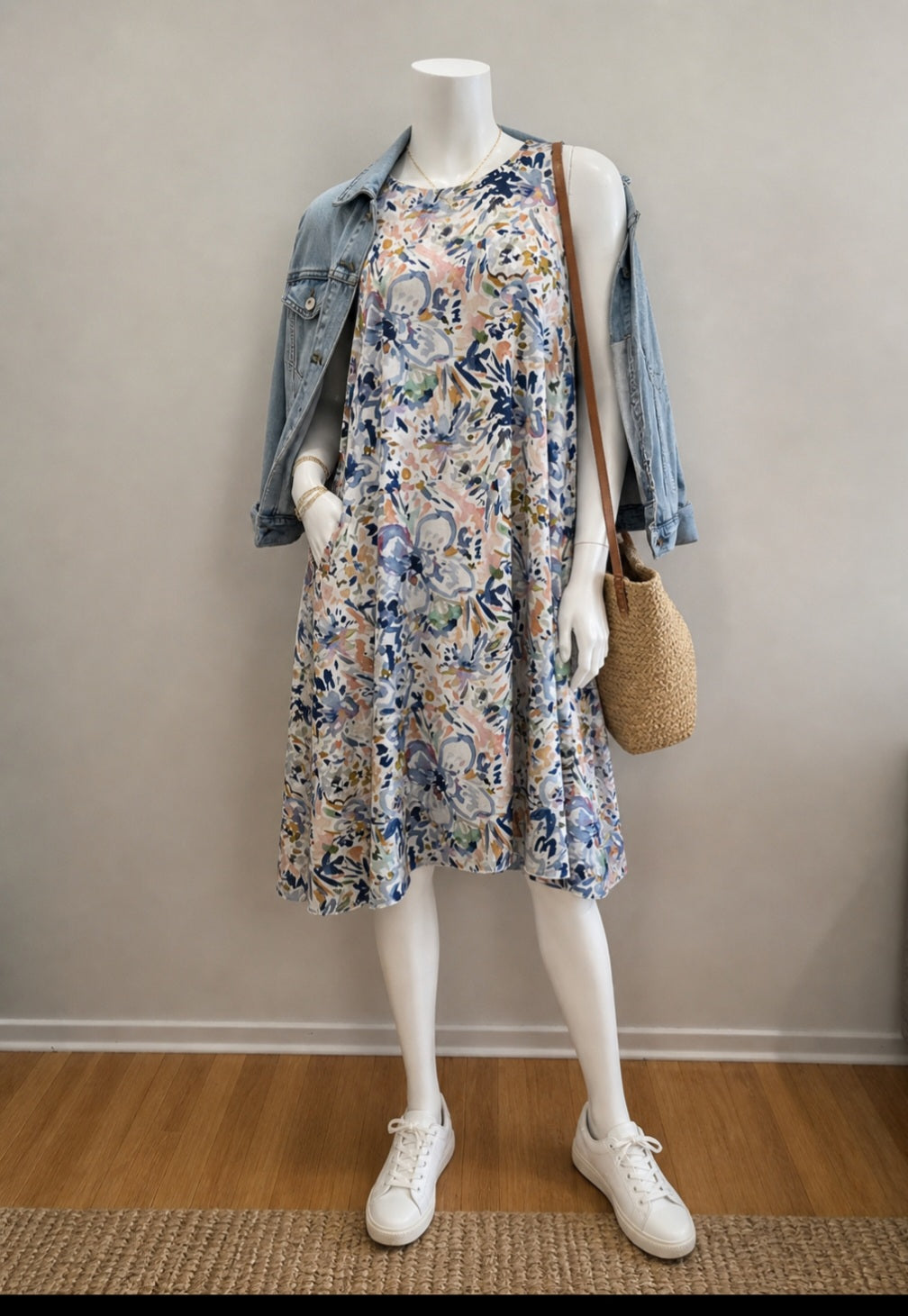 SS26-11-White Patterned and Solid Periwinkle Reversible Dress with Pockets