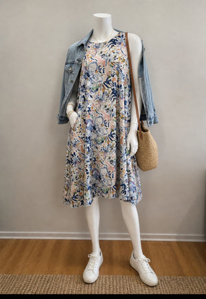 SS26-11-White Patterned and Solid Periwinkle Reversible Dress with Pockets