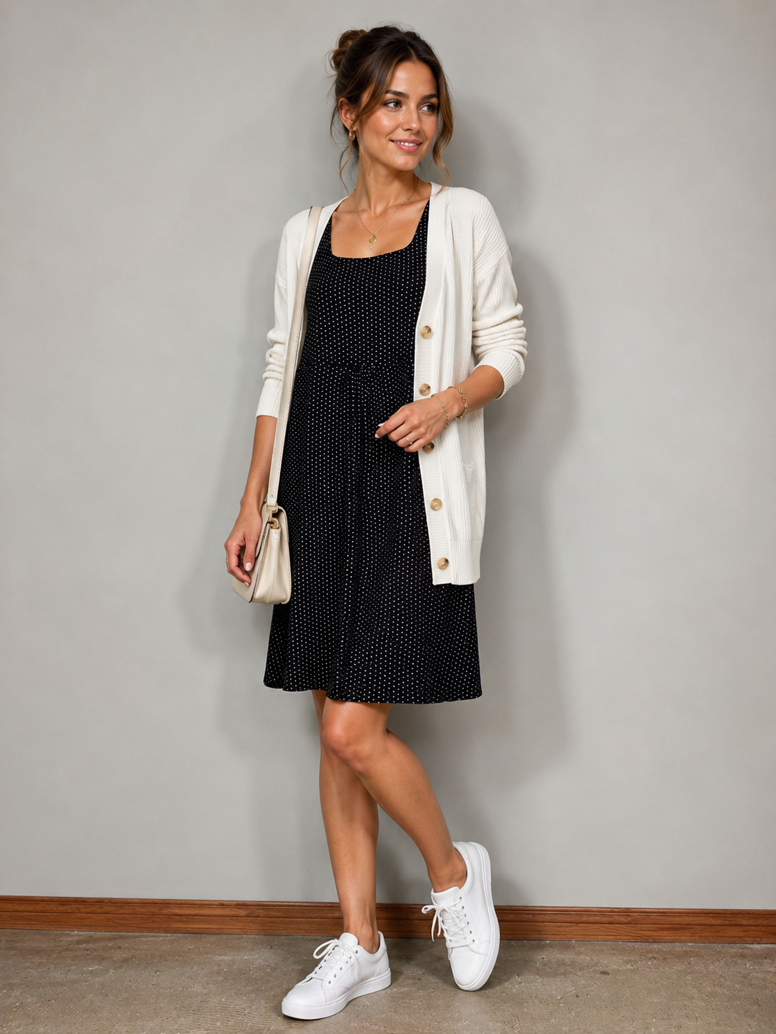 Bamboo Black and White Polka Dot Square neck dress with pockets