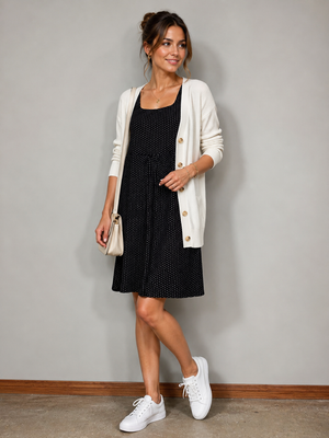Bamboo Black and White Polka Dot Square neck dress with pockets